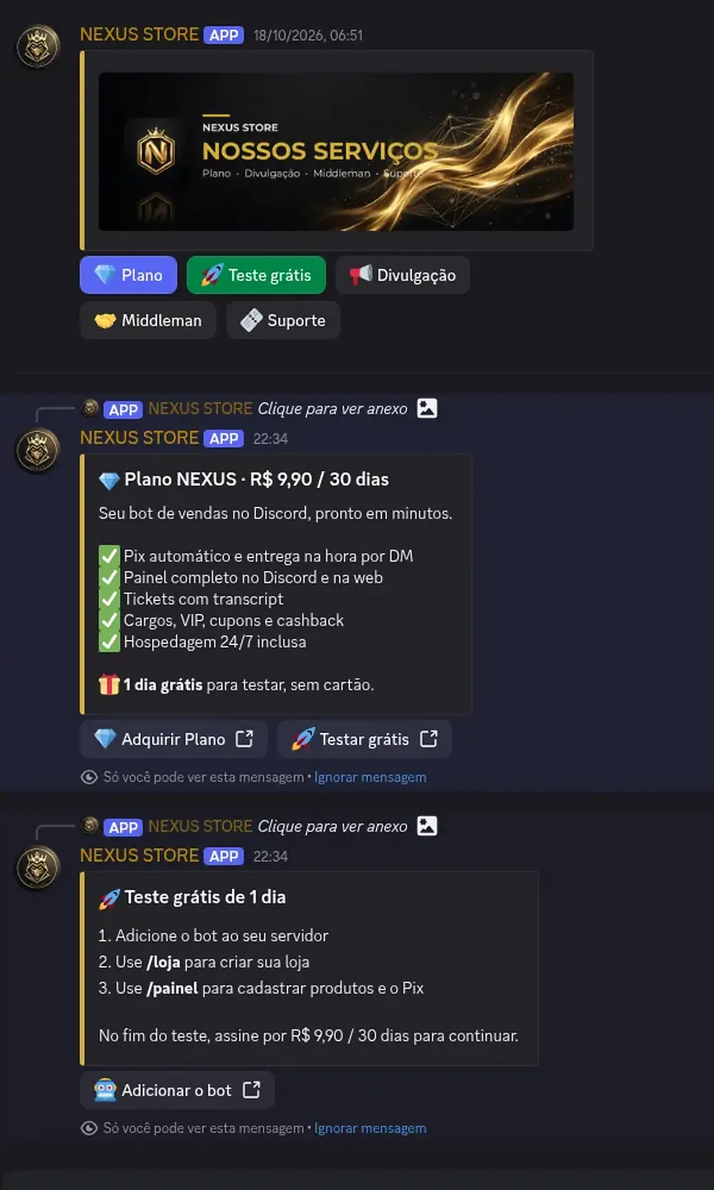 Painel de serviços da NEXUS com o plano de R$ 9,90 e o teste grátis